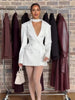 Chic White Waist Cinching Dress Women Full Sleeve Deep V-neck Double Breasted Mini Vestidos Lady High Street Robe