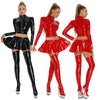 Women Glossy 2-piece PU Leather Club Outfits Long Sleeve Front Zipper Crop Jacket and Pleated Miniskirt Set for Pole Dance Raves