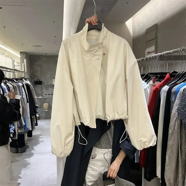 Women's Red Stand Collar Jacket, Casual Loose Fit Zip Up Outerwear with Drawstring Cuffs, Short Thin Coat for Autumn Spring