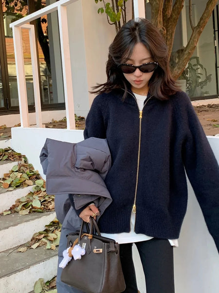 Autumn and Winter Zipper Cashmere Sweater Women Cardigan Lapel Sweater Coat Lazy Wind Loose