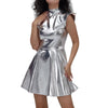 Metallic Women's Shiny Dress Holographic Solid Color Turtleneck Pleated Dress Carnival Costume Gold Silver Rave Dress Outfits