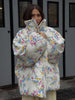 Thicken Women Puffer Jacket Oversize Stand Up Collar Zipper Floral Print Warm Cotton Filled Coat Autumn Winter