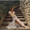 Floral Printed Chiffon Long Dress Women Chic Deep V-neck Lace Patchwork Mini Sleeves Slim Fit Dresses Lady Daily Wear