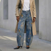 Chic Y2K Style Metal Decoration Washed Blue Women's Stacked Jeans Pants For Woman Clothing Wide Leg Vintage Denim Trouserso