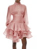 Elegant Pink High Neck Organza Fabric Mini Dresses for Women Puff Sleevs Ruched Waist Tiered Ruffles for Cocktail Parties