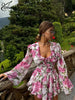 White Print Women's Dress Elegant V-Neck Ruffled Long Sleeve Dresses Autumn High Waisted Pleated Mini Dresses