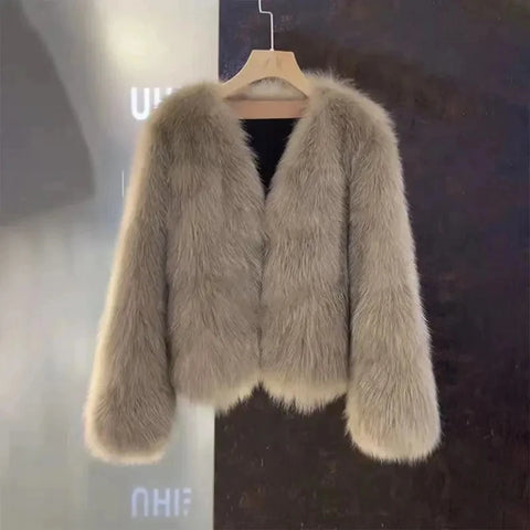 Autumn Winter V-Neck Korean Version Female Short Fur Coat Solid Color Beautiful Be All-match Ladies Outerwear