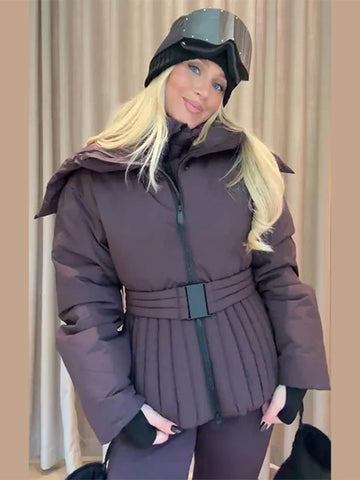 Women Peplum Ski Jackets Hooded Stand Collar Belt Waist Zipper Solid Puffer Jacket Sheath Warm Sport Winter Skiwear