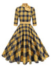 Mock Neck Bowknot Plaid 50s Vintage Dresses for Women 3/4 Length Sleeve Autumn Winter Elegant Pockets Midi Dresses
