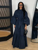 Navy Blue Bubble Tie Waist Maxi Dress Loose Flared Long Sleeve Spring Modest Women Shirt Dress Elegant Lady Vestidos