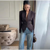 Pleated Waist Cinching Blazer Coat Women Chic Deep V-neck Full-sleeve Single Breasted Slim Coats Lady Commute Jacket