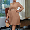 Elegant Dresses Woman V Neck Full Sleeve Pleated Mid Calf Belt Waisted African Female Birthday Party Dress
