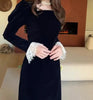 Women Dress Spring Autumn Square Collar Long Sleeve Velvet Patchwork Lace Cinched Waist Elegant Temperament Long Dress