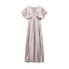 Elegant Printed Satin Long Dress Women Slim Lace Up V-neck Full Sleeve Pleat Dresses Autumn Lady Party Evening Robes
