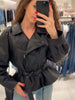 Women Black Short Faux Leather Trench Coat Long Sleeve Lapel Jacket With Belt Vintage Lady Motorcycle Jacket Outwear