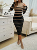 Office Ladies Knitted Dress Elegant Striped Print Slim Long-sleeved Dress Autumn Winter