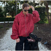 Solid Patchwork Cropped Coat Women Lapel Long Sleeve Loose Zipper Pockets Jacket Autumn Lady Casual Street Outerwear