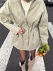 Stand Collar Drawstring Waist Trench Jacket Female Commute Long Sleeves Casual Women's Mid-Length Trench Coat