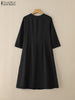 Women's Pleated Midi Dress Elegant V-Neck 3/4 Sleeve Button Up A-Line Dresses Office Commuting Wear Woman Clothing S-3XL