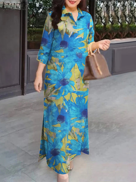 Pure Cotton 3/4 Sleeve Maxi Dress Slit Hem Women Casual Floral Print Long Vestidos Lapel Commute Shirtdress