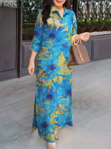 Pure Cotton 3/4 Sleeve Maxi Dress Slit Hem Women Casual Floral Print Long Vestidos Lapel Commute Shirtdress
