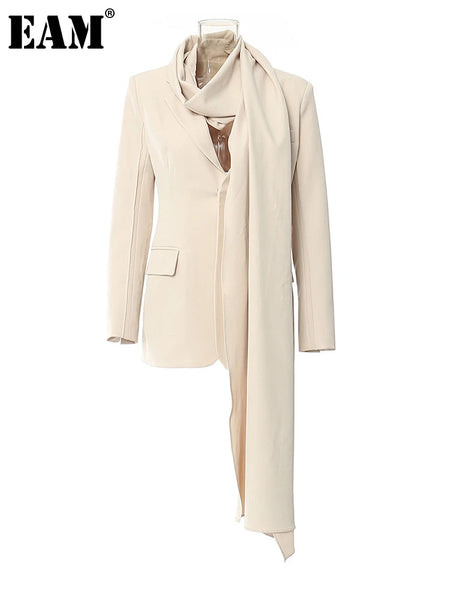 Women Apricot Irregular Big Size Elegant Blazer Scarf Collar Long Sleeve Jacket Spring Autumn 1DH4167