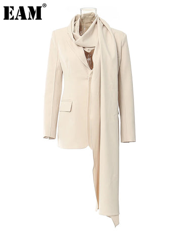 Women Apricot Irregular Big Size Elegant Blazer Scarf Collar Long Sleeve Jacket Spring Autumn 1DH4167