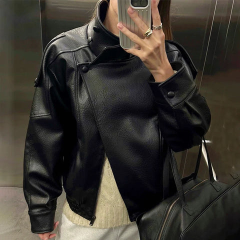 Autumn Winter Black Women Faux Leather Jacket Coat Casual Loose Pockets Biker Outerwear Female