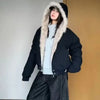 Autumn Winter Warm Plus Velvet Jacket Women American Vintage Hooded Short Outwear Female Casual Loose Plush Neck Cotton Coat