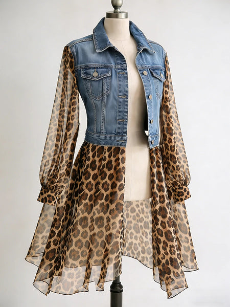 Vintage Chiffon Leopard Women Denim Coat Turndown Collar See-Through Long Sleeve Slim Fit Top Elegant Single-breasted Jackets