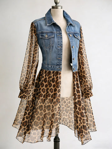 Vintage Chiffon Leopard Women Denim Coat Turndown Collar See-Through Long Sleeve Slim Fit Top Elegant Single-breasted Jackets
