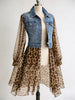 Vintage Chiffon Leopard Women Denim Coat Turndown Collar See-Through Long Sleeve Slim Fit Top Elegant Single-breasted Jackets
