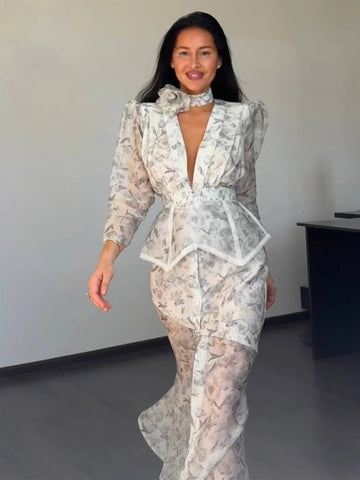 Chic Puff Sleeve Flora Printed Maxi Dress V-neck Waist Cinching Split Elegant Women's Dresses for Party Female Clothing