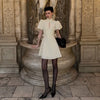 Vintage Sexy Deep V Puff Sleeve Button Ribbed Mini Dress High Waist Cinched Waist A Line Flared Dresses Sweet Casual Date Women