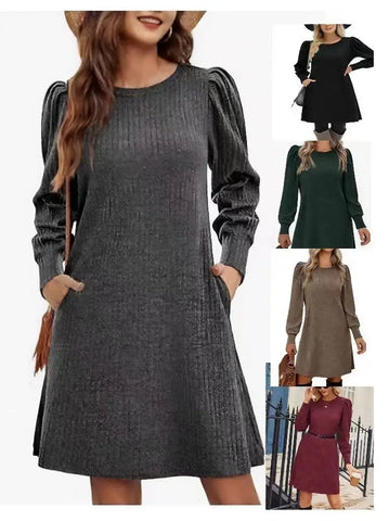 Ladies Knit Dress Bubble Sleeve Long Sleeve Round Neck Casual Loose Autumn Winter Dress with Pockets