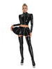 Women Glossy 2-piece PU Leather Club Outfits Long Sleeve Front Zipper Crop Jacket and Pleated Miniskirt Set for Pole Dance Raves