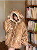 Autumn Winter Thick Warm Sweet Cute Lace Patchwork Faux Fur Coat Hoodie Women with Deer Ears Horn Buttons Fluffy Jacket