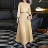 Womens Elegant Satin Silk Party Dresses O-Neck 3/4 Sleeve A-Line Long Pleated Dress Solid Color Guest Evening Robe Femme
