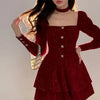Women's Slim Fit A-line Velvet Dress Christmas Clothes Square Collar Long-sleeved Red Sweet Girl Autumn Winter