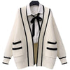 Autumn Vintage Mid Long Sweater Cardigan Woman Preppy Style Contrast Color Knitted Coat No Button Casual Street Open Outerwear