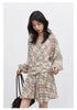 Women Dresses V Neck Loose Casual A Line Lace Up Long Sleeved Plaid Dress Puff Sleeve Spring Autumn