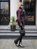 Lady Retro Burgundy Belted Leather Jacket Solid Stand Collar Long-sleeved Cropped Coat Women Daily Street Outerwear