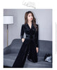 Temperamnet Velvet Jumpsuit For Women Elegant V-neck Long Sleeve Slim Wide-Leg Pants with Brooch