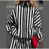 Vertical Stripe Two Piece Outfit Stand Collar Zip Up Jacket Elastic Waist Wide Leg Pants Loose Women Casual High Street Set