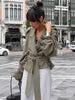 Women's Lace Up Cropped Trench Coat Lapel Long Sleeve Solid Loose Jacket Autumn Winter Female Street Outerwear