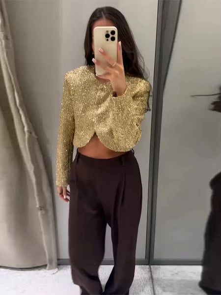 Chic Tweed Style Metallic Thread Jacket Gold Cropped Length Long Sleeve Autumn Elegant Women Outerwear Party Jacket