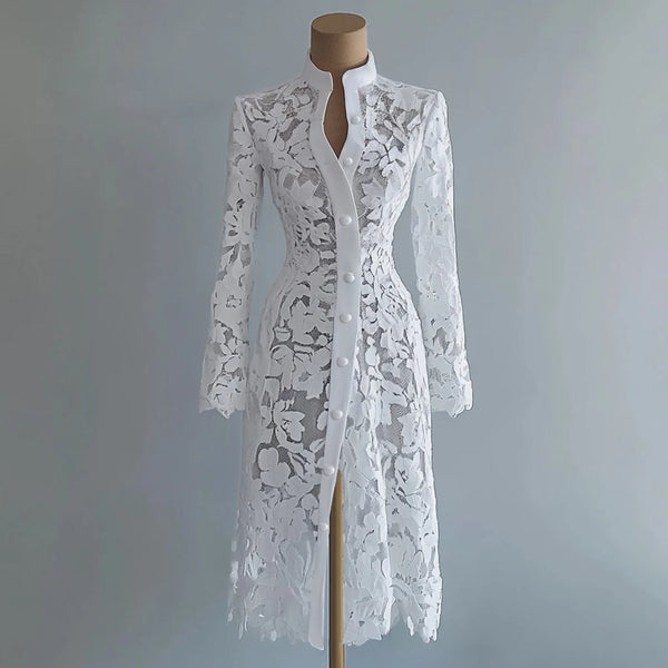 Elegant Women Lace Hollow Out Spliced Dress Solid Color Stand Collar Long Sleeve High Waist Single-breasted Coat Midi Dress