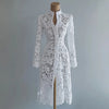Elegant Women Lace Hollow Out Spliced Dress Solid Color Stand Collar Long Sleeve High Waist Single-breasted Coat Midi Dress