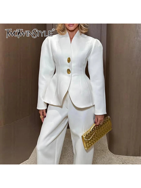 French Two Piece Sets for Women Stand Collar Long Sleeves Patchwork Button Top High Waist Pant Set Female