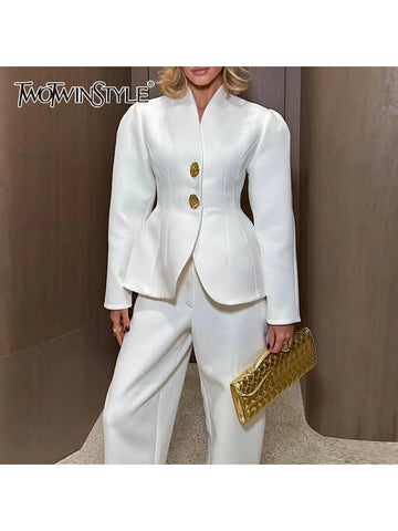 French Two Piece Sets for Women Stand Collar Long Sleeves Patchwork Button Top High Waist Pant Set Female